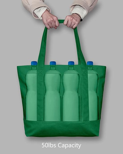 TOPDesign 6-Pack Canvas Tote Bags with an External Pocket, Reusable Grocery Shopping Bags, Top Zipper Closure, Daily Essentials (Green)