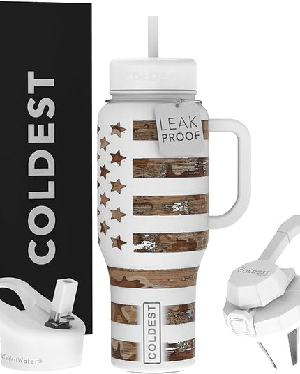 Coldest Tumbler with Handle and Straw - 100% Leak Proof Insulated Tumbler with Lid and Straw (3 Lids) - Stainless Steel Tumblers for Women & Men - Cup Holder Friendly Base, 36 oz (The Patriot)