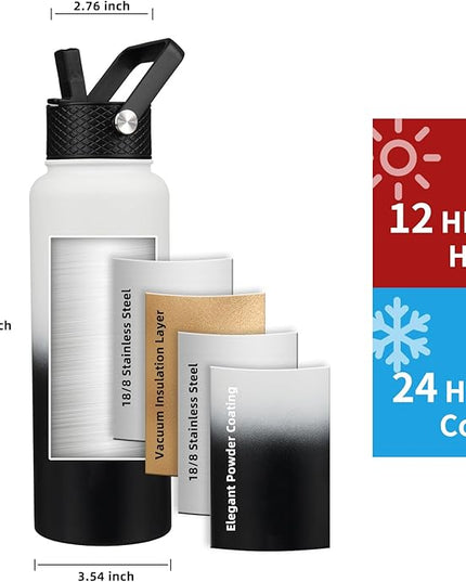 Insulated Water Bottle 40oz,Triple Wall Vacuum Stainless Steel(Dishwasher Safe),Leak Proof & Non-BPA,Flask Jug with Paracord Handle & Straw Spout Lids Sports Gradient black