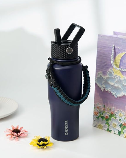 BJPKPK Insulated Water Bottles with Straw Lid, 23oz Metal Water Bottle with 2 lids & Paracord Strap, Double Wall Stainless Steel Vacuum Tumblers, Cups, Mugs, Thermo for Hot& Cold Drinks, Navy Blue