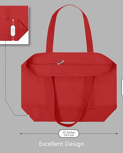 TOPDesign 3-Pack Canvas Tote Bags with an External Pocket, Reusable Grocery Shopping Bags, Top Zipper Closure, Daily Essentials (Red)