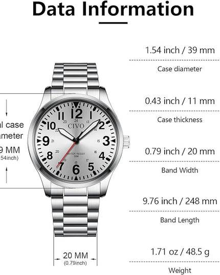 CIVO Analog Wrist Watches for Men: Waterproof Stainless Steel Mens Watches - Silver Watch with Easy Read Dial Men's Watch for Gift