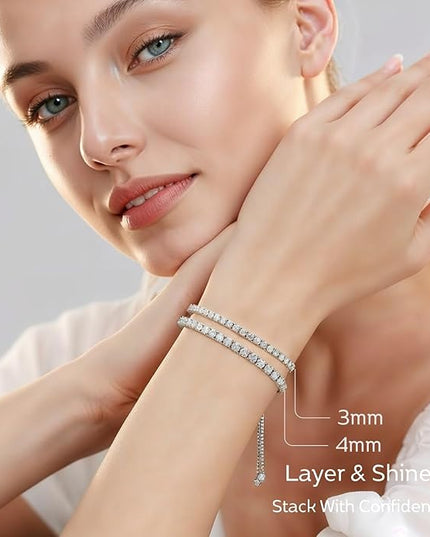 LOVE&LOVE Moissanite Tennis Bracelet for Women, Adjustable 18K Gold Plated 925 Sterling Silver Bracelet, 3/4mm D VVS1 Round Cut, Luxury Jewelry Gift for Wife Mom Girlfriend Birthday Anniversary
