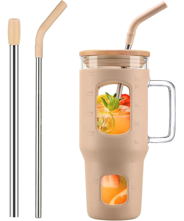 Glass Tumbler with Lid, 32 oz Glass Cup with Handle, Glass Water Bottles with Time Marker, 2 Straws - Pearl Straw & Silicone Protective Sleeve - Amber