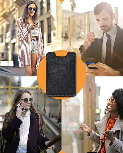 Leather Phone Wallet, Stick On Card Holder for Back of Phone Case - Compatible with Most Cell Phones (iPhone, Samsung) - 2Pack Black