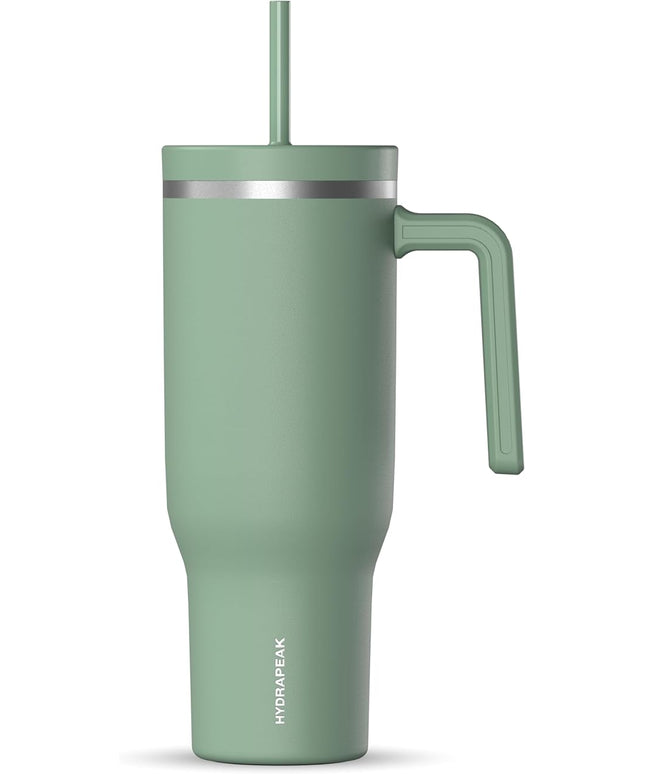 Hydrapeak Voyager 40 Oz Stainless Steel Tumbler with Handle, Insulated Water Bottle With Straw & Lid, Cupholder Friendly Reusable Travel Mug (Sage)