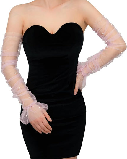 Women's Long Bridal Wedding Tulle Glove Mesh Fingerless Gloves Pearl 1920 Opera Tea Party Sheer Gloves