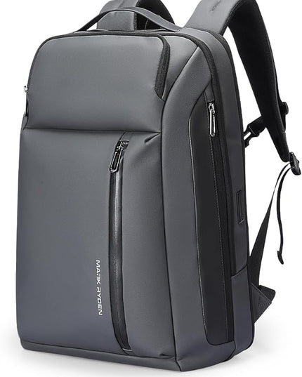 Muzee Business Backpack for Men, Travel Laptop Backpack Fits 15.6 Inch, Waterproof Expandable Bag 25L-35L, Grey Work Daypack with USB & USB-C Charging Ports, Anti-Theft Pocket, Luggage Strap