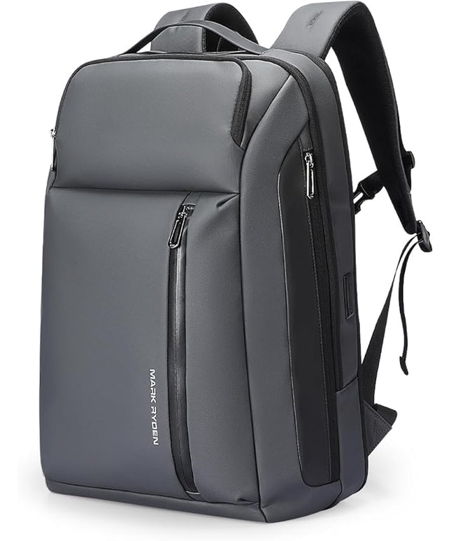 Muzee Business Backpack for Men, Travel Laptop Backpack Fits 15.6 Inch, Waterproof Expandable Bag 25L-35L, Grey Work Daypack with USB & USB-C Charging Ports, Anti-Theft Pocket, Luggage Strap