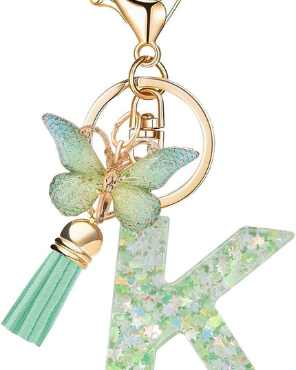 Fashion Alphabet Initial Letter Keychain Tassel Butterfly Pendant Key Ring for Purse Handbags Women Girl