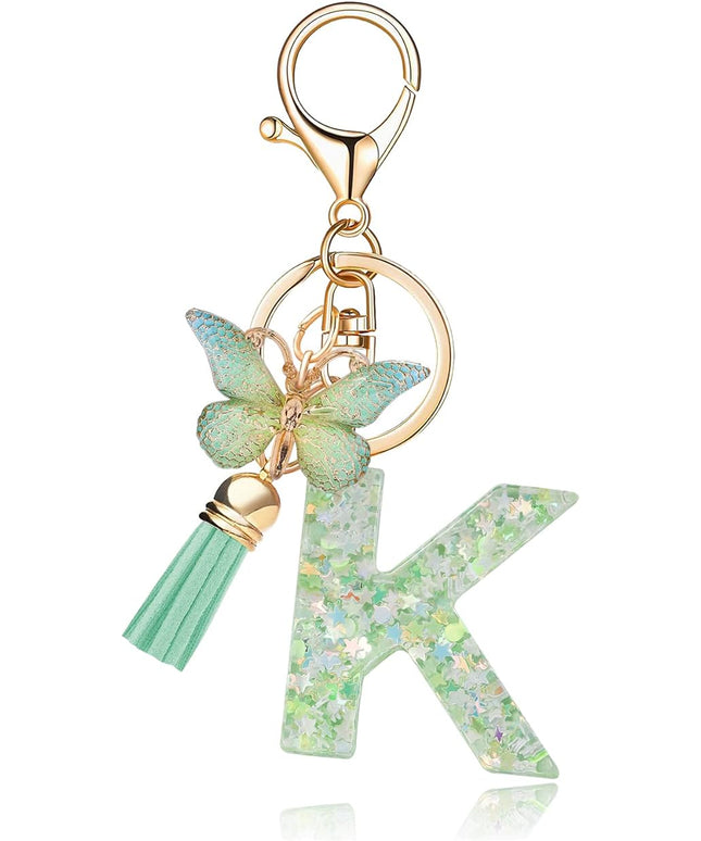 Fashion Alphabet Initial Letter Keychain Tassel Butterfly Pendant Key Ring for Purse Handbags Women Girl
