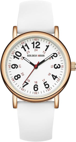 GOLDEN HOUR Waterproof Nurse Watch for Medical Professionals, Students Women Men - Military Time Luminouse Easy Read Dial, 24 Hour with Second Hand, Colorful Silicone Band