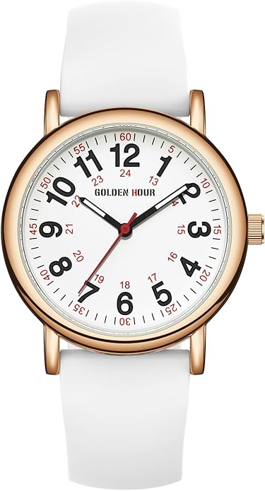 GOLDEN HOUR Waterproof Nurse Watch for Medical Professionals, Students Women Men - Military Time Luminouse Easy Read Dial, 24 Hour with Second Hand, Colorful Silicone Band