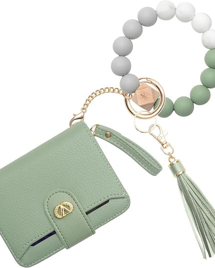 Multi-Purpose Wallet High Capacity Card Holder Zipper Coin Purse with Wristlet Bracelet Keychain Silicone Beaded Bangle Key Ring