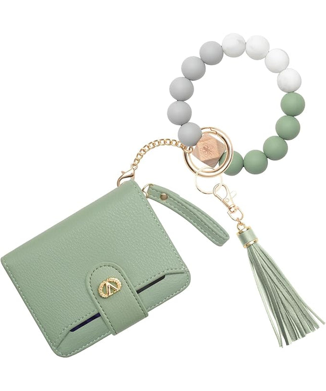 Multi-Purpose Wallet High Capacity Card Holder Zipper Coin Purse with Wristlet Bracelet Keychain Silicone Beaded Bangle Key Ring