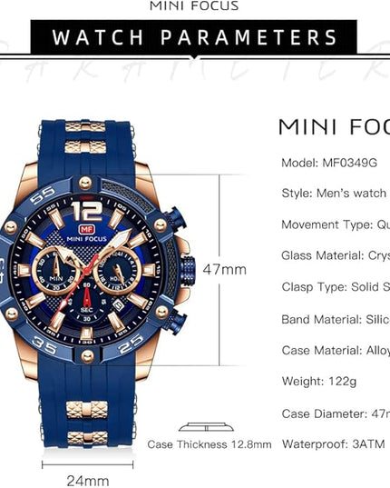 MF MINI FOCUS Men Watches Unique Casual Wrist Watches (Chronograph/Waterproof/Luminous/Calendar/24 Hours) Silicon Band Fashion Watches for Men