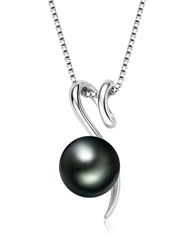 Tahitian Black Pearl Necklaces for Women, Sterling Silver Single Pearl Pendant Necklace Birthday Anniversary Jewelry Gifts for Wife Mom