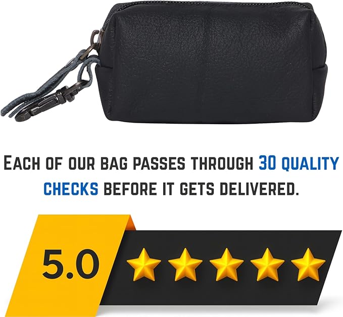 Leather Zipper Coin Pouch with Key Clip, Compact Change Holder Wallet for Men & Women, Small Leather Coin Purse for Cash, Keys, Earbuds, Everyday Carry Accessory (1, Black)