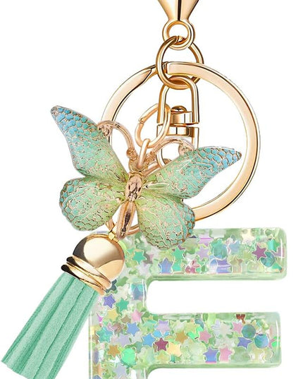 Fashion Alphabet Initial Letter Keychain Tassel Butterfly Pendant Key Ring for Purse Handbags Women Girl