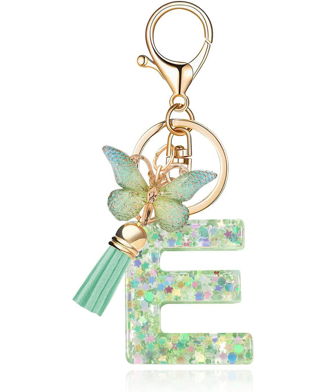 Fashion Alphabet Initial Letter Keychain Tassel Butterfly Pendant Key Ring for Purse Handbags Women Girl