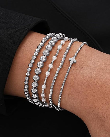 Gold Beaded Bracelets for Women, 14K Real Gold Plated Jewelry for Women Dainty Pearl Bead Bracelets Stack, Non Tarnish Trendy Stackable Ball Cross Stretch Bracelet Set Fashion Accessories Gifts