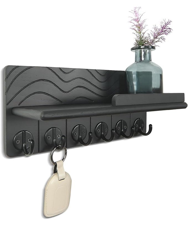 Qriosidy Key Holder Wall Decor-11.8" Solid Ash Wood Entryway Organizer with 6 Hooks & Extra Deep Storage Rack for Key, Mail, Wallet, Leash, Glasses, Hand-polished & Stained, Easy-Assembly