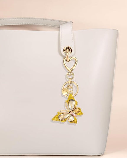 XGALBLA Cute Bling Crystals Rhinestone Butterfly KeyChain with Heart Pendant, Lovely Bag Charms for Handbags Purse Accessory
