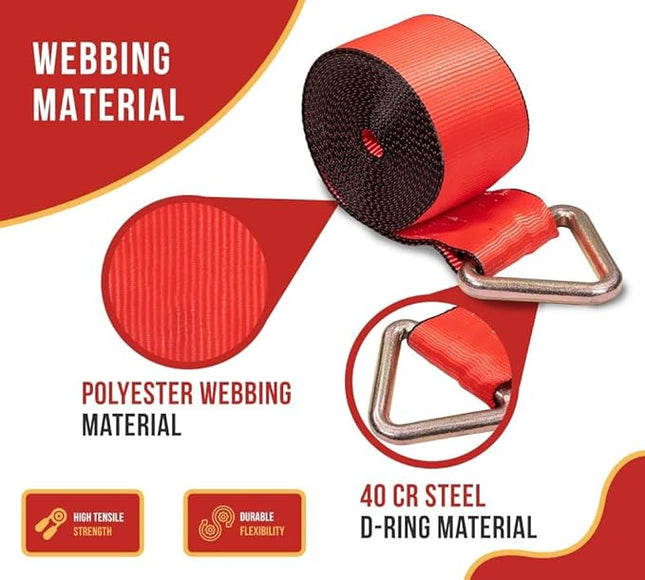 Mytee Products 4 Pack Winch Straps 4" x 30' Red Heavy Duty Tie Down w/Delta Ring WLL# 5400 lbs | 4 Inch Cargo Control for Flatbed Truck Utility Trailer