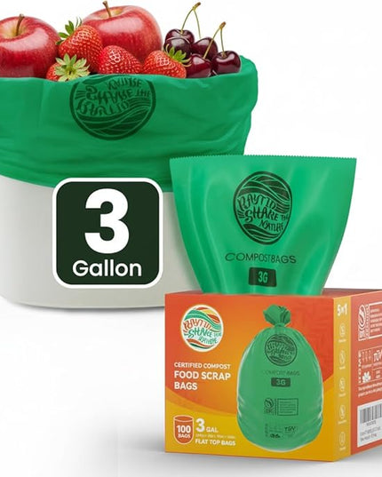 Compost Bags 3 Gallon,100 Count,Compost Food Scrap Waste Bags Fits Countertop Bin,Small Kitchen Food Scrap Waste Bags,Compost bin bags,Certified by BPI,ASTM D6400 and OK compost HOME certified