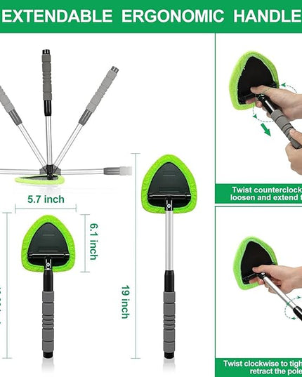 XINDELL Windshield Cleaner Tool – Car Interior Window Cleaning Kit with Extendable Handle & 4 Microfiber Pads, Auto Wiper Inside Windshield Brush for Car & Home Windows