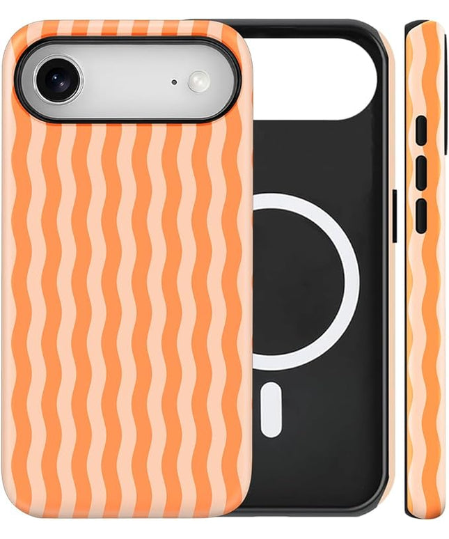 Magnetic for iPhone 17 Air Case Cute Wavy Stripes Phone Case, Shockproof Slim TPU and Hard PC Protective Phone Cover Compatible with MagSafe Designed for Women Girls, Orange
