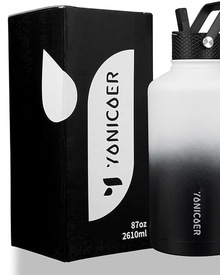 Insulated Water Bottle 87oz,Triple Wall Vacuum Stainless Steel(Dishwasher Safe),Leak Proof & Non-BPA,Flask Jug with Paracord Handle & Straw Spout Lids Sports Gradient black