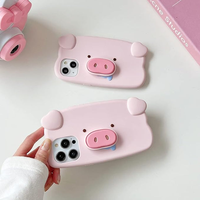 Case Compatible with iPhone 15 Pro,Cute 3D Kawaii Funny Pig Stand Cartoon Cover with Keychain Soft Silicone Gel Drop Protector Women Girls