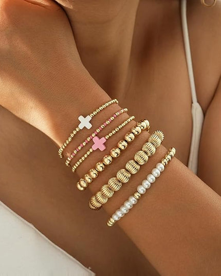 Gold Beaded Bracelets for Women, 14K Real Gold Plated Jewelry for Women Dainty Pearl Bead Bracelets Stack, Non Tarnish Trendy Stackable Ball Cross Stretch Bracelet Set Fashion Accessories Gifts