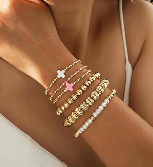Gold Beaded Bracelets for Women, 14K Real Gold Plated Jewelry for Women Dainty Pearl Bead Bracelets Stack, Non Tarnish Trendy Stackable Ball Cross Stretch Bracelet Set Fashion Accessories Gifts