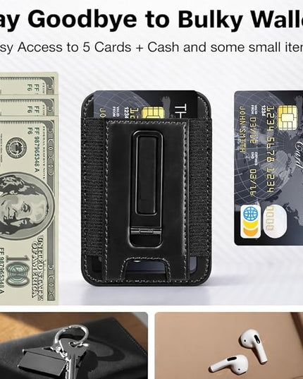 Mizi Magnetic Wallet for iPhone (2025 Upgraded) – 5-Card Holder, RFID Blocking, 3,200g Magnetic Strength, Slim Vegan Leather – Compatible with iPhone 16/15/14/13/12 Series (Not for Mini) – Black