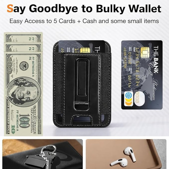 Mizi Magnetic Wallet for iPhone (2025 Upgraded) – 5-Card Holder, RFID Blocking, 3,200g Magnetic Strength, Slim Vegan Leather – Compatible with iPhone 16/15/14/13/12 Series (Not for Mini) – Black