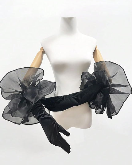 SHENHE Women's Long Gloves Oversized Tulle Mesh Ruffle Trim Party Prom Wedding Opera Gloves