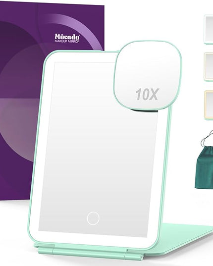 Mocado LED Foldable Travel Makeup Mirror - 5x7 inches3 Colors Light Modes USB Rechargeable Touch Screen, Portable Tabletop Cosmetic Mirror for Travel, Cosmetic, Office (Green)
