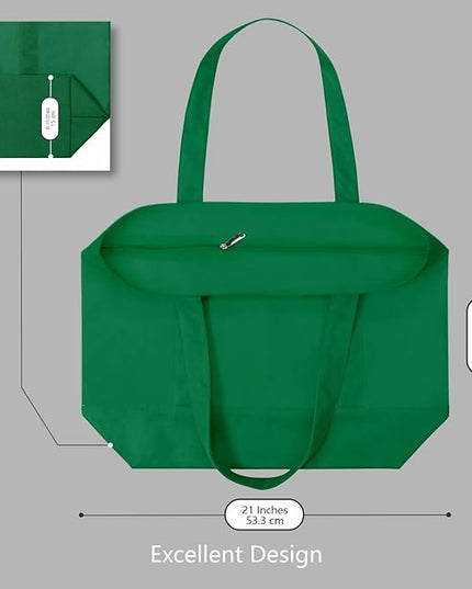 TOPDesign 3-Pack Canvas Tote Bags with an External Pocket, Reusable Grocery Shopping Bags, Top Zipper Closure, Daily Essentials (Green)
