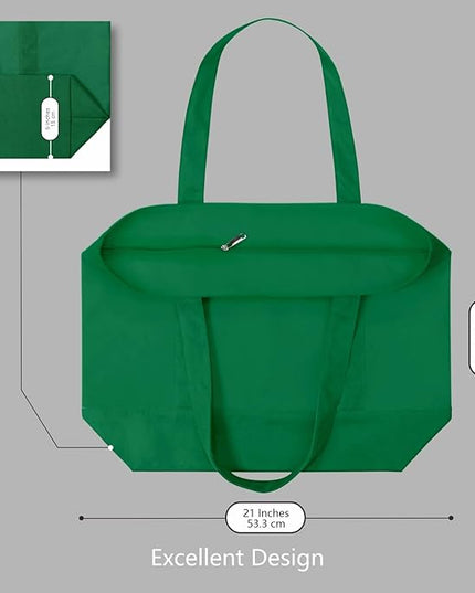 TOPDesign 6-Pack Canvas Tote Bags with an External Pocket, Reusable Grocery Shopping Bags, Top Zipper Closure, Daily Essentials (Green)