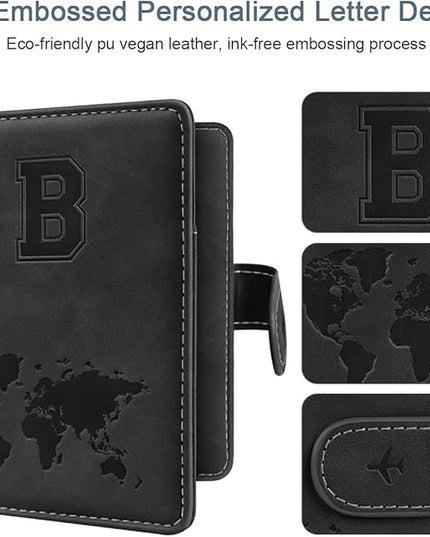 Passport Holder Wallet Cover Personalized Letter A-Z Travel Wallet RFID Blocking Passport Cover Wallet Case for Travel Passport Book Holders for Women and Men, Black-B