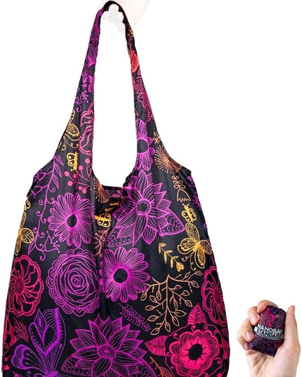 Nanobag Ultralight Foldable Tote for Women & Men, Reusable Grocery & Travel Bag, Packable Collapsible Compact Market Essential (Standard Neon Flowers)