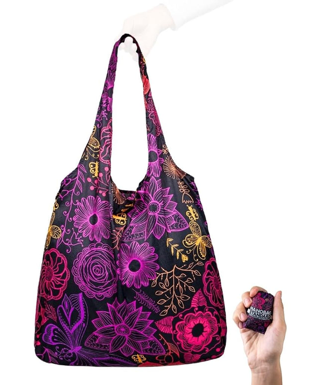 Nanobag Ultralight Foldable Tote for Women & Men, Reusable Grocery & Travel Bag, Packable Collapsible Compact Market Essential (Standard Neon Flowers)
