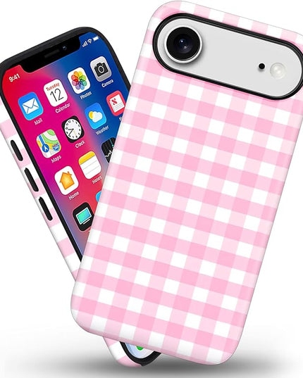 Magnetic for iPhone 17 Air Case Cute Checkered Stripes Phone Case for Women Girls, Shockproof Slim TPU and Hard PC Protective Phone Cover Compatible with MagSafe Designed, Pink