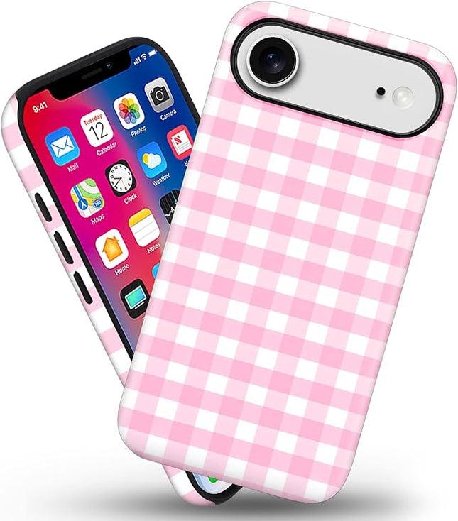 Magnetic for iPhone 17 Air Case Cute Checkered Stripes Phone Case for Women Girls, Shockproof Slim TPU and Hard PC Protective Phone Cover Compatible with MagSafe Designed, Pink