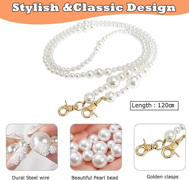 Phone Chain Crossbody Pearl Strap, Pearl Beaded Chain Shoulder Crossbody Lanyard with Phone Tether Patches Compatible with Most Phones Bag Purse (I)