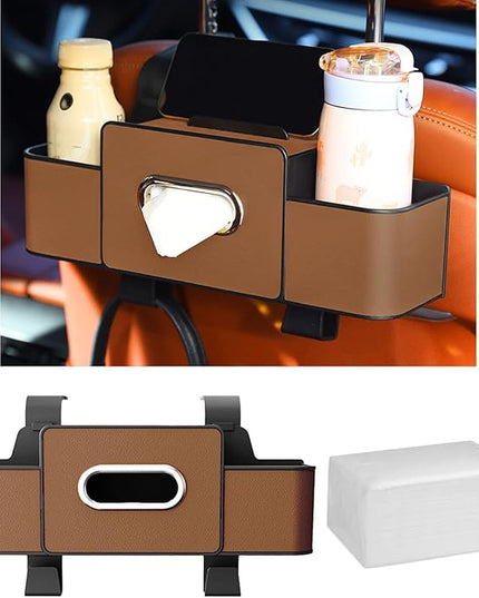 Car Back Seat Organizer with Cup Holder, Car Seat Back Tissue Box and Storage Hook, Multifunctional Car Organizer for Hold Phone,Snacks, Drinks, Handbag, Compatible with Most Vehicles (Brown)