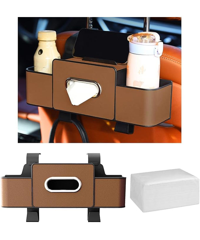 Car Back Seat Organizer with Cup Holder, Car Seat Back Tissue Box and Storage Hook, Multifunctional Car Organizer for Hold Phone,Snacks, Drinks, Handbag, Compatible with Most Vehicles (Brown)