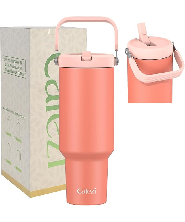 40 oz Insulated Tumbler with Top Handle and Flip Straw, Vacuum Insulated Stainless Steel Cup with Leak-Proof Lid, Sweat-Free, Fits Cup Holder, Keeps Ice Cold up to 30 Hours